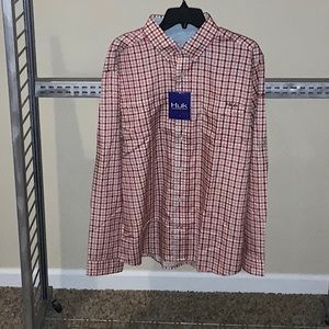 Huk Performance Fishing Gear Tide Point Woven Plaid Long Sleeve Shirt Size L Red